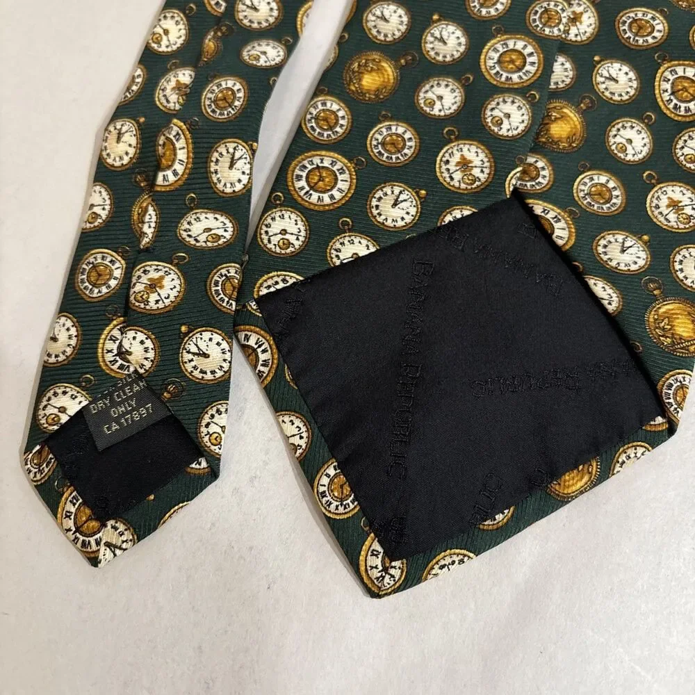 Banana Republic MEN'S TIE  Green With AOP Gold Pocket Watches, Silk, 4” X 58”